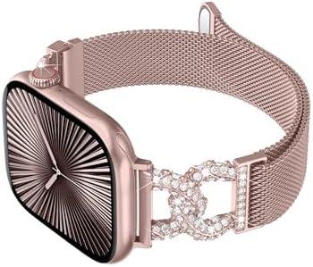 Girovo Metal Band Compatible with Apple Watch Bands for Women 42/ 44/ 45/ 46/ 49mm Stainless Steel Mesh Magnetic Classy C-shaped Diamond Strap for iWatch SE Series 10/ 9/ 8/ 7/ 6/ 5/ 4/ 3/ 2/ 1/ Ultra Pink Gold