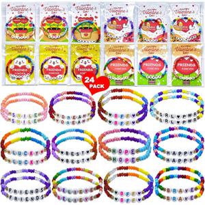 BAOXUE 24 Pack Valentines Day Cards For Kids School, Valentines Day Gifts For Kids Classroom With Friendship Bead Bracelets, Valentine Exchange Cards For Class Girls Boys
