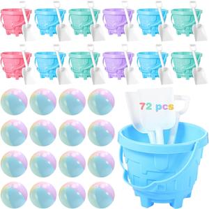 Lunmon 72 Pcs Beach Toys for Kids 24 Set Sand Buckets Shovels Bulk Pastel Beach Balls Inflatable Sand Toys for Girls Boys Toddlers Games Birthday Summer Pool Party Favor (Macaron, Castle)