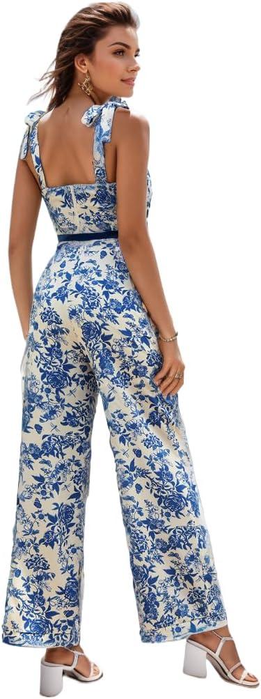 Floerns Women's 2 Piece Summer Outfit Floral Print Knot Shoulder Zip Back Crop Cami Top and Maxi Pants Set (Medium, Light Multi Flower)
