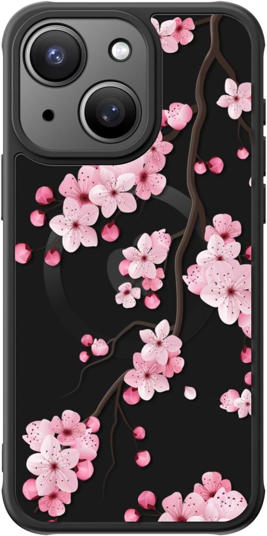 FUNMIKO Case for iPhone 13 - Wireless Charging & Military-Grade Protection - Wildflower Design for Women Girls, Non-Slip Matte Cover Shock-Absorbing Corners - Blooming Cherry Blossoms