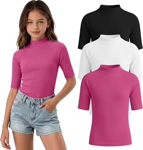 LessonZoo 3 Pack Girls' Shirts Teen Summer Tops Mock Turtleneck Slim Fit Ribbed Half Sleeve Fashion Tees Kids Clothes Trendy(Rose Pink, White, Black,11-12 Years)