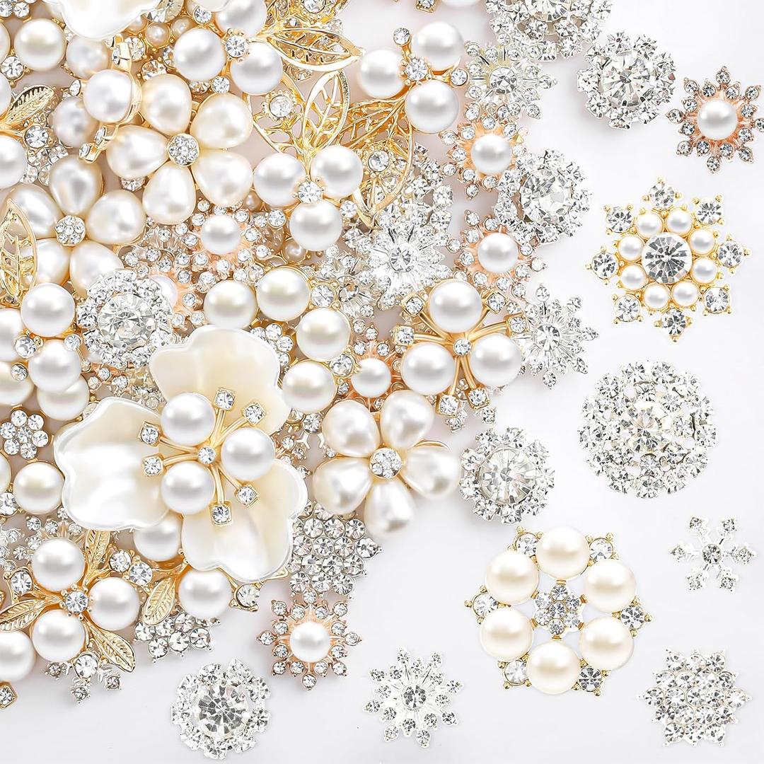 Wavwavw 40 Pcs Flat Back Pearls Rhinestone Buttons for Crafting Faux Pearl Embellishments Bulk for Jewelry DIY Craft Wedding Bouquet Hat Dress Hair Gift Decoration Party Accessories (Gold)
