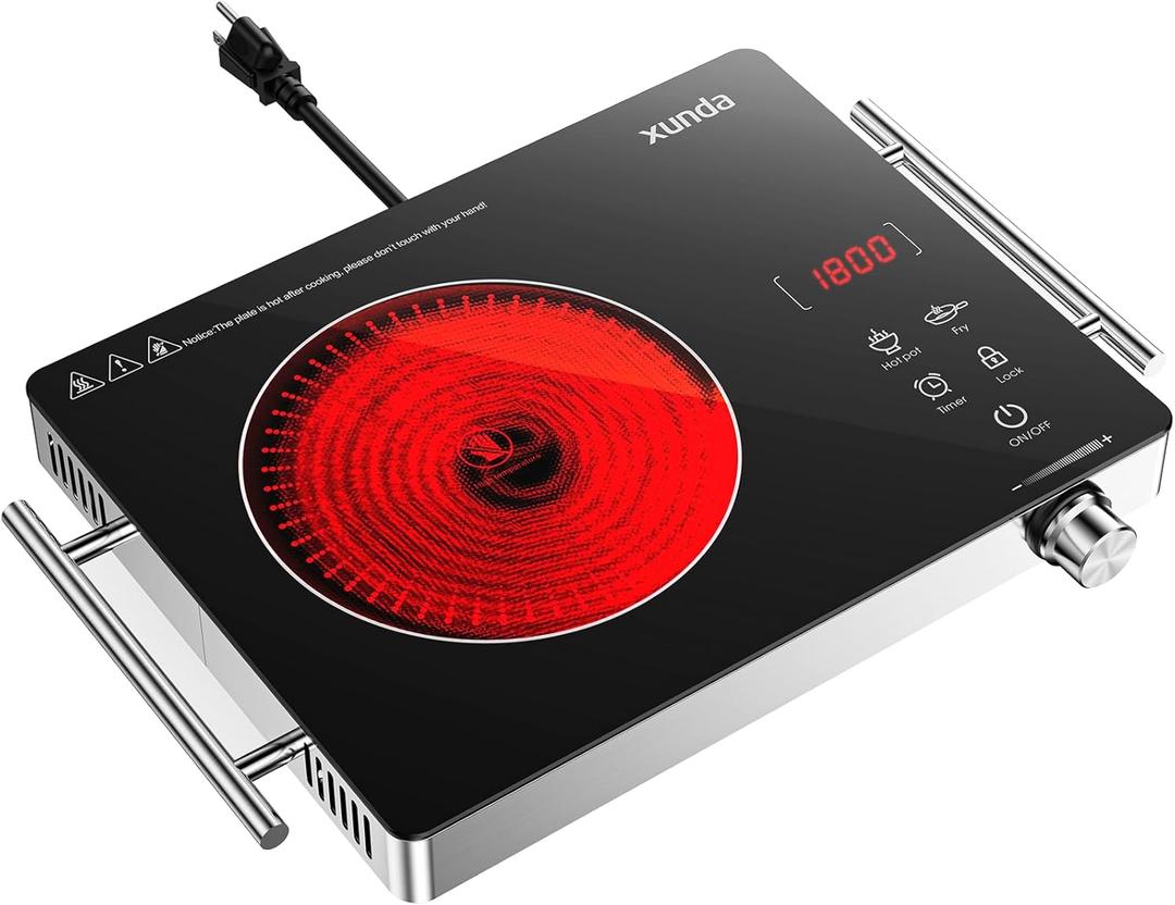 1800W Portable Electric Stove, 110v Electric Burner with Carry Handle Hot Plate, Ceramic Infrared Single Burner Cooktop, Touch & Knob Control Timer, Safety Lock (Black)