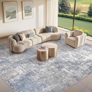 Tortania Washable 10x14 Area Rug for Living Room: Modern Abstract Neutral Large Soft Thin Rugs - Non Slip Indoor Carpet for Bedroom Dining Room Office Nursery Home Floor Decoration - Blue Grey