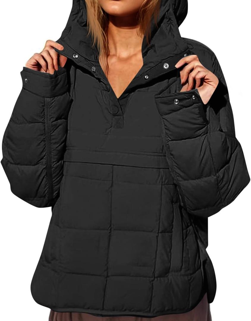 Fazortev Womens Oversized Puffer Jacket Quilted Dolman Hoodies Pullover Long Sleeve Lightweight Warm Tops Coat (XX-Large, Black)