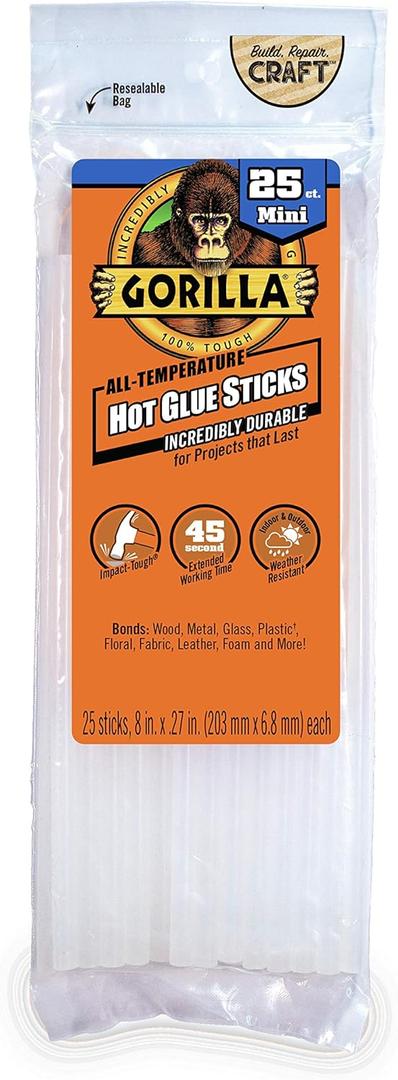 Gorilla Hot Glue Sticks, Clear Glue, Mini Size 8" Long x 0.27" Diameter, 25 Count (Pack of 1) - Safe for All Temperatures with Extended Working Time