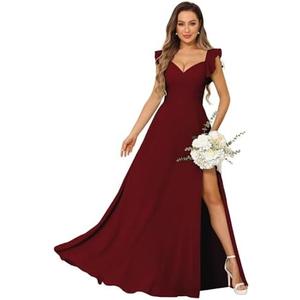 vintys Women's V Neck Bridesmaid Dresses Long with Slit Ruffle Sleeves A Line Chiffon Formal Evening Dress with Pockets VS039.3XL