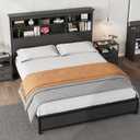Garvee Full Platform Bed Frame with Bookcase Headboard, Charging Station (USB & Type‑c), Tall Wooden Headboard, 9.6" Underbed Storage, No Box Spring Needed, Black