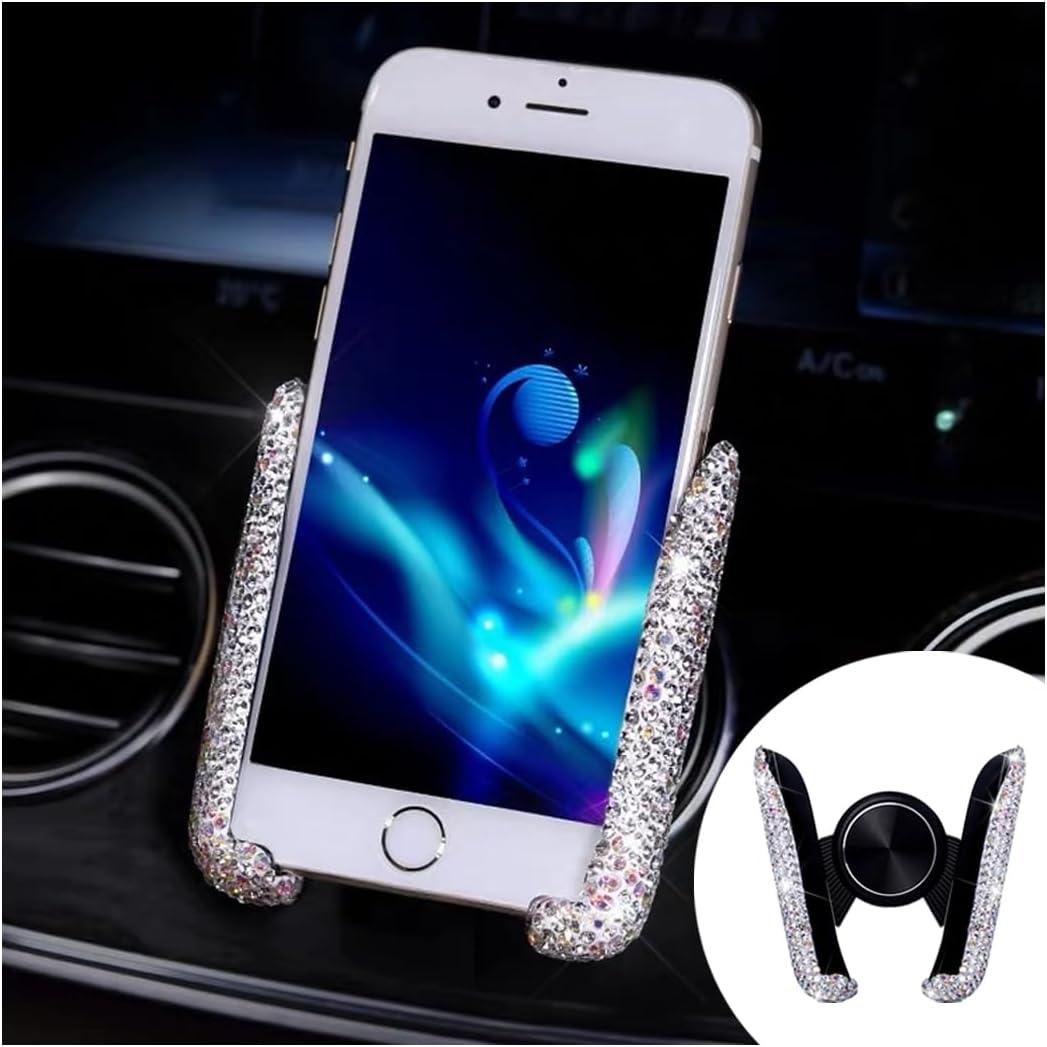 BESULEN Bling Car Phone Holder, 360° Adjustable Crystal Rhinestone Vehicle Dash Air Vent Cell Phone Mount, Diamond Automatic Bracket Cellphone Stand, Universal Automotive Accessories (White)