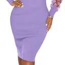 Annystore Women's Elegant Mock Neck Sheer Long Sleeve Mesh Bodycon Dress Ribbed Club Party Pencil Midi Dresses Clubwear, Purple, Size 2XL