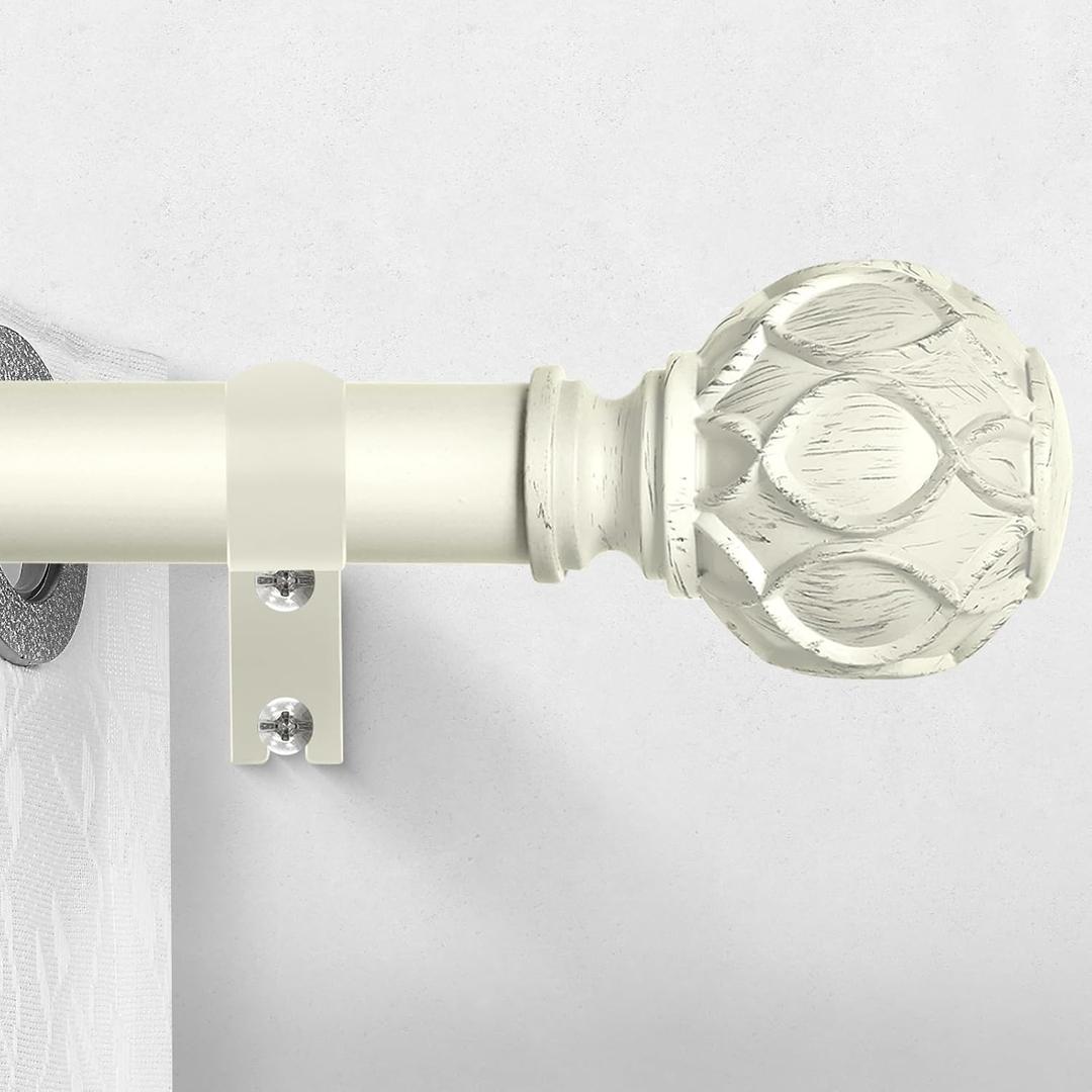 White Curtain Rods for Windows:Farmhouse Boho Decorative Curtain Rod for Bedroom Living Room,Heavy Duty Adjustable Rustic Drapery Rods with Vintage Coastal Texture Finials,Antique White 18-45"