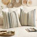EMEMA Set of 2 Blue Boho Decorative Throw Pillow Covers 26x26 Inch Tufted Chenille Farmhouse Cushion Covers Textured Striped Pillow Covers Accent Neutral Pillowcases for Sofa Couch Bed Home Decor
