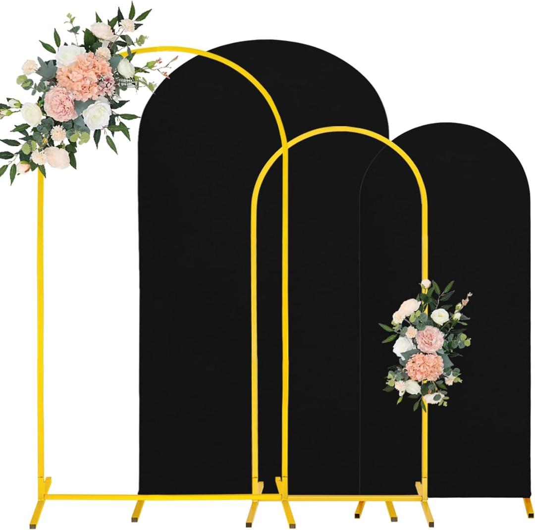 7.2FT, 6FT Wedding Arch Stand and Matching Black Spandex Fitted Arch Backdrop Cover Set, Round Top Chiara Backdrop Stands and Covers for Birthday Party Baby Shower Banquet Arch Decor (Black)