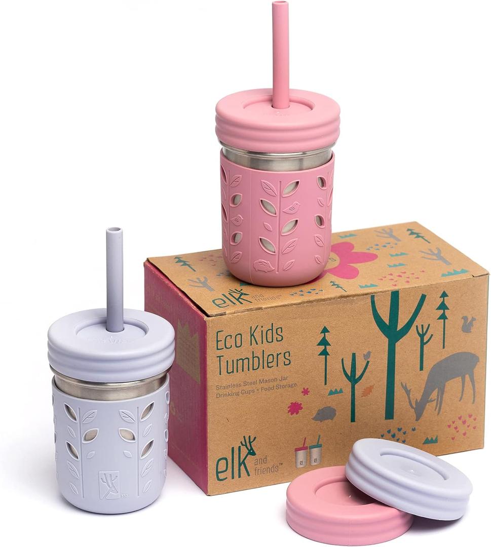 Elk and Friends 10oz Stainless Steel Kids + Toddler Drinking Cups | The Original Mason Jar with Sleeves + Lids | Silicone Straws | Smoothies | Storage Jar | Spill Resistant | Dishwasher Safe | 2 Pack (Plum/Lilac)