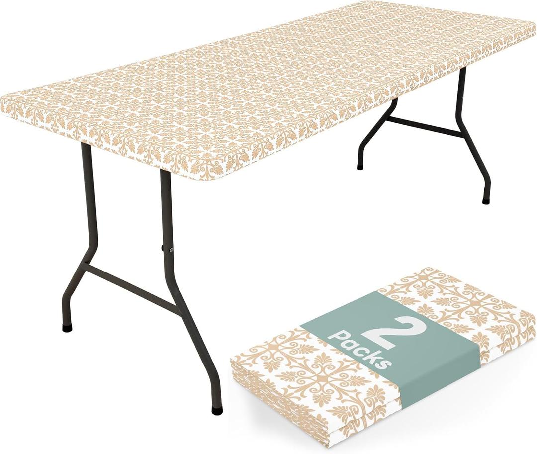 misaya 2 Pack 6 Foot Rectangle Picnic Tablecloth, Elastic Fitted Waterproof Table Cover, Windproof Washable Polyester Table Cloth for Camping, Indoor and Outdoor (Khaki, 30" x 72")