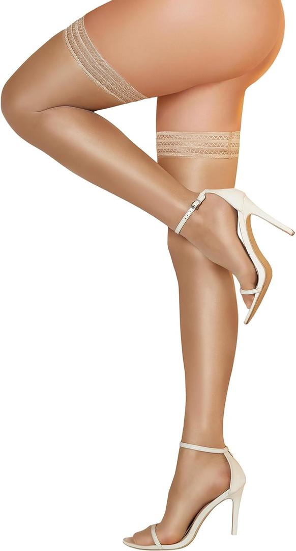 RSLOVE Thigh High Stockings for Women – Sheer Stay Up Pantyhose with Stripe Top & Anti-Slip Silicone Sexy Hosiery One Size Nude
