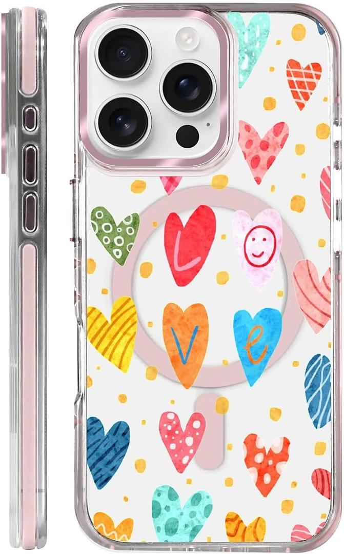 for iPhone 14 Pro Case Clear, [Magnetic Charging Compatible][Military-Grade Protection][Anti-Yellowing] Shockproof Slim Magnetic Phone Case for iPhone 14 Pro, Colorful Hearts