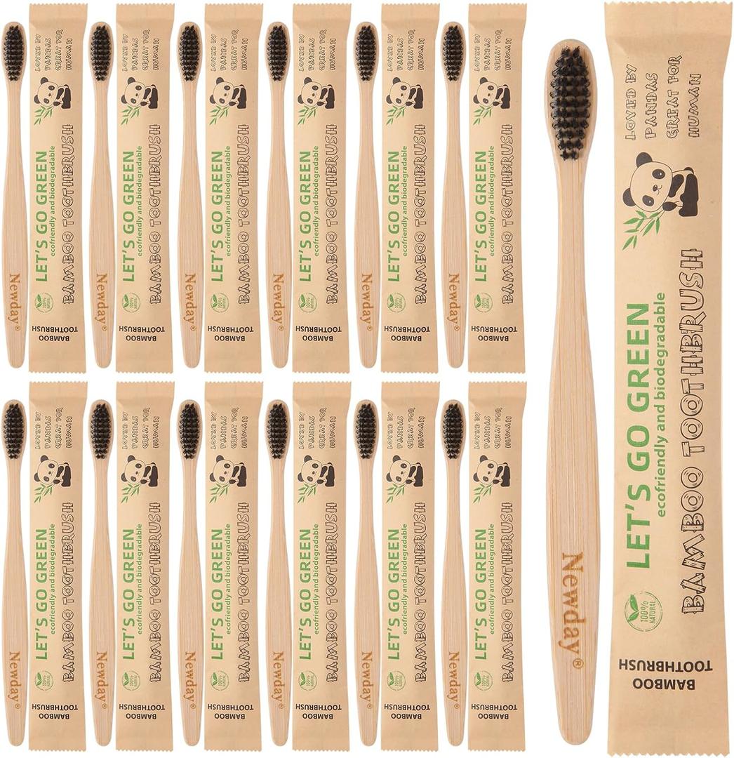 Newday 100 Pack Bamboo Toothbrushes Bulk, Individually Wrapped, BPA Free Soft Bristles Toothbrush, Recycled Packaging, Biodegradable ECO Friendly Toothbrushes for Home Hotel Travel (Black)