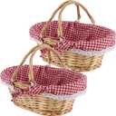 2 PCS Natural Wicker Basket with Double Handles and Washable Gingham Liner, Small Hand Woven Gifts Basket Empty for Easter, Picnics, Gifts, Home Decor, Candy Fruit Storage, 13 x 9 x 4.7 Inch