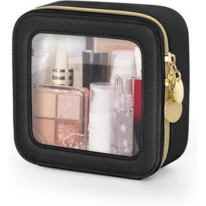 Soimeat Clear Makeup Bag, Portable Travel Cosmetic Bags, Multipurpose Leather Toiletry Bag with Zipper, Waterproof Transparent Cosmetic Organizer for Women, Mini, Black