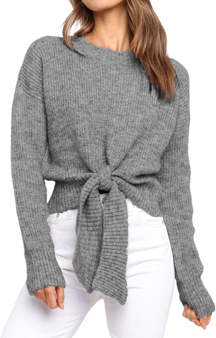 Okiwam Women's Long Sleeve Cropped Sweaters Casual Knit Pullover Tie Front Crew Neck Fall Outfits Fashion Clothes 2025 (Large, Grey)