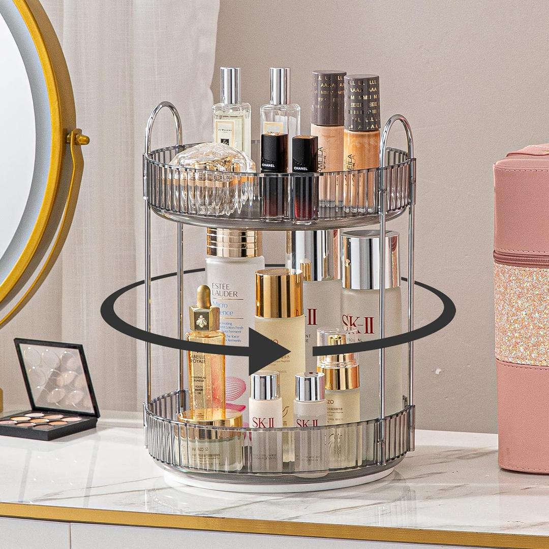 Rotating Makeup Organizer for Vanity 2 Tier, High-Capacity Skincare Clear Make Up Storage Perfume Organizers Cosmetic Dresser Organizer Countertop 360 Spinning Grey (2 Tier, Suya Grey)