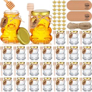 Pickmesh 24 Set 4 oz Bear Shaped Rosh Hashanah Glass Honey Jars with Dipper Bee Pendants Tags Twine Honey Jars Party Favors Small Bear Bottle Container for Baby Shower Wedding Favors(Gold Lids)