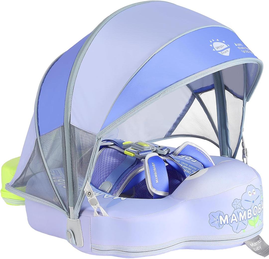 Mambobaby Non-Inflatable Baby Pool Float with Tail and Canopy UPF 50+ Sun Protection No Flip Over Infant Swim Float Skin-Friendly Mambo Float Swim Trainer Solid Baby Swimming Ring