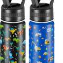 2 Pack Kids Water Bottle,14oz Stainless Steel Insulated Water Tumbler,School Water Mug,Suitable for Boys and Girls to Use(Black dinosaur + Blue car)