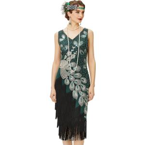 BABEYOND 1920s Vintage Peacock Sequined Dress Gatsby Fringed Flapper Dress Roaring 20s Party Dress (3X-Large, Dark Green With Black Fringe)
