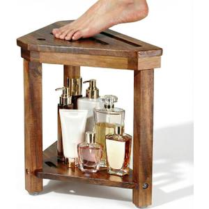 Acacia Wood Shower Stool for Shaving Legs, Shower Foot Rest with Storage Shelf for Inside Small Shower Spaces, Waterproof Shower Foot Stool for Inside Shower, Corner Bath Shower Bench