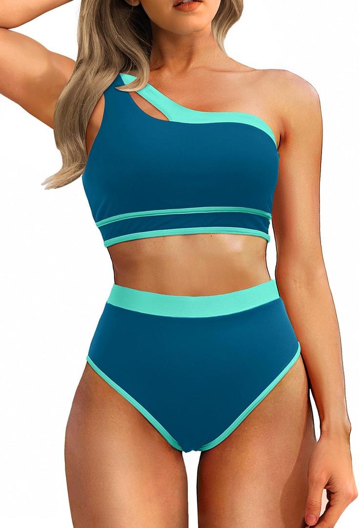 Tempt Me Women One Shoulder High Waisted Bikini Color Block Two Piece Swimsuits Cutout 2 Piece Bathing Suit (Small, Teal Green)