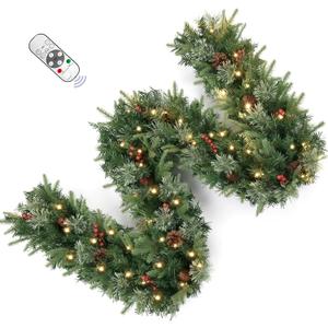 9FT Pre-Lit Artificial Christmas Garland with Dual Color LED Lights and Timer by Remote Control and Batteries Operated, Holiday Decorations, for Indoor Door Home Stairs Fireplaces Wall (Gren Pine 9FT)