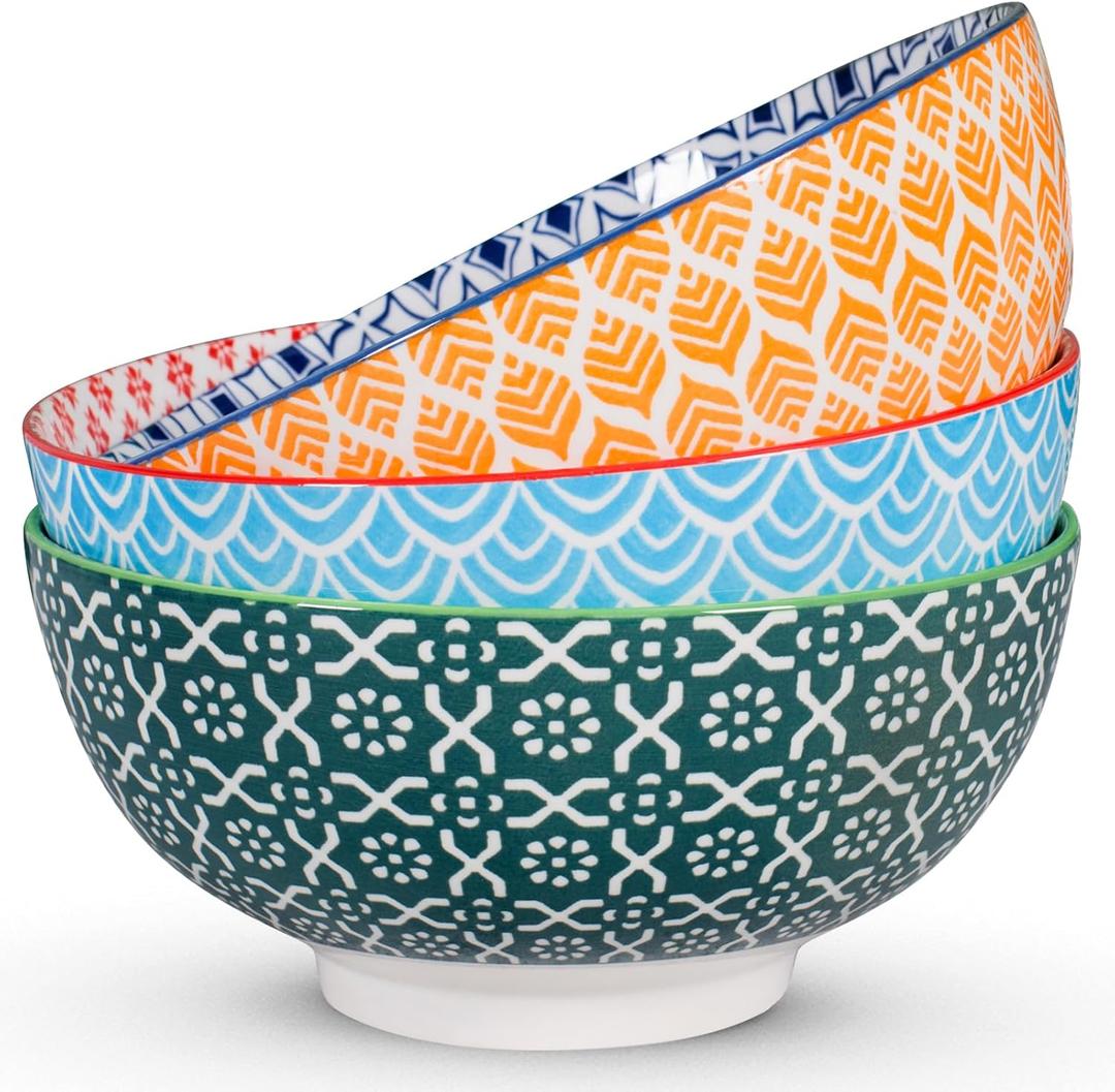 Large Serving Bowls - 60 oz Ceramic Salad Bowl - 8 Inch Serving Bowl Set - Big Soup Bowl For Kitchen - Microwave & Dishwashers Safe - Pho Fruit Pasta Popcorn Bowl - Set of 3 (Color1)