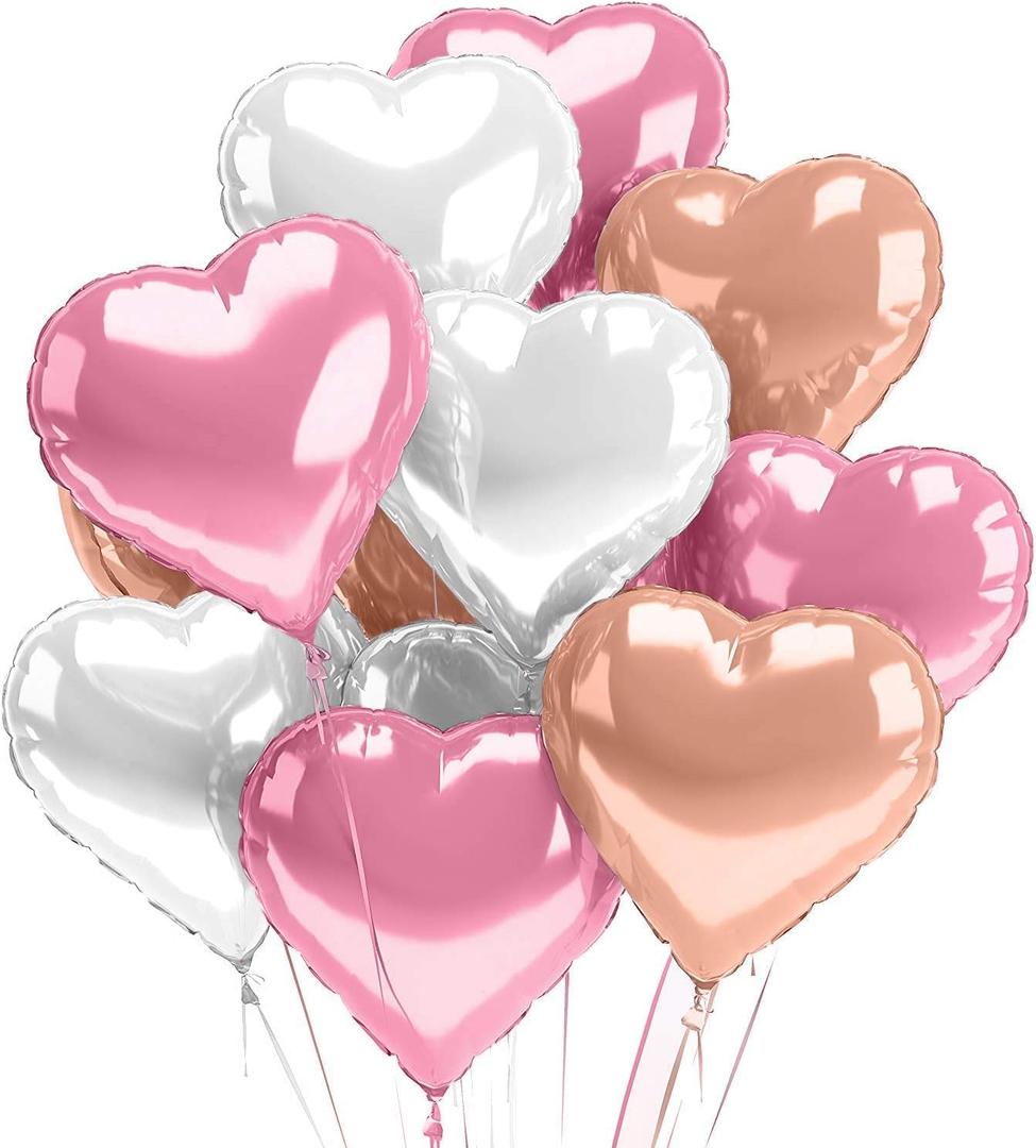 5 x Pastel Heart Balloons 12 PACK Pink Valentines Day Heart Shaped Decorations Rose Gold Mylar Foil Balloon Set