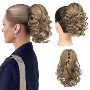 REECHO 9" Short Ponytail Extension, Classic Loose Curly Wavy Claw Clip Pony tails Hair Extensions HP001 Hairpieces for Women - Medium Blonde with Blonde Highlights
