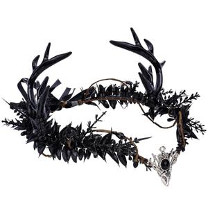 Gothic Black Antler Crown - Dark Elf Headpiece Forest Fairy Headband Fae Deer Horns Circlet for Women Renaissance Renfaire Cosplay Goth Wedding Halloween