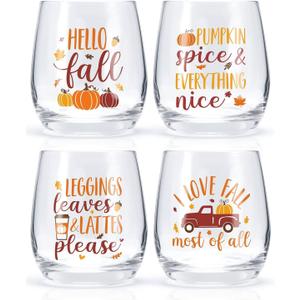 Nefelibata Fall Wine Glass Fall Cups Hello Fall Fall Leaves Pumpkin Spice Stemless Wine Glass Tumbler for Table Decor Wedding Birthday Thanksgiving Gift Ideas 12oz Set of 4