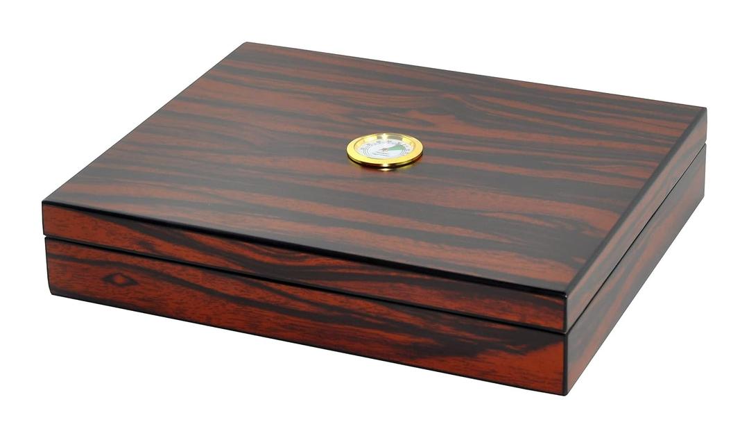 Cigar Humidor - Holds 20 Cigars - Spanish Cedar Wood - Portable Desktop Storage Box with Divider, Humidifier, Hygrometer - Macassar Brown & Black - Gift for Men