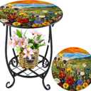 Cinnvoice Outdoor Side Table Round Small Mosaic Patio Accent Indoor End Plant Coffee Tea Table for Yard Patio Porch Garden Living Room, Bedroom (Sunset Wildflowers Style, 12 Inch)