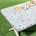 homing Rectangle Printed Fabric Tablecloth, Elastic Fitted Table Cloth for 6 Foot Table, Washable Polyester Table Cover for Outdoor, Picnic, Camping and Indoor, (Geometric Medallion, 30" x 72") (Red & Blue)