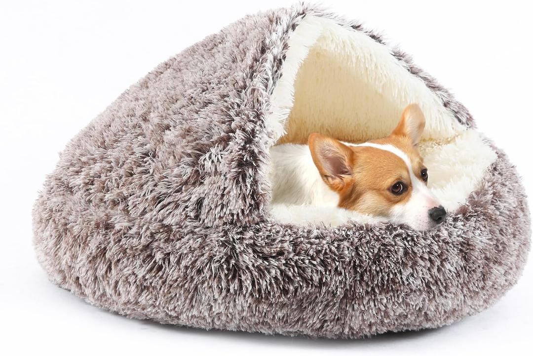 Dog Bed Round Hooded Plush Cat Cave Self Warming Pet Bed Donut Anti Anxiety Fluffy Pet Bed for Puppy and Kitty (Large 27.5'', Gradual brown)