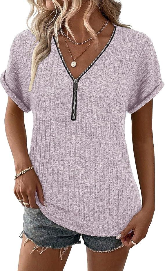 Koscacy Plus Size Evening Tops for Women Causal Zipper Pretty Womens Shirts Ladies Striped Summer Trendy Outfits Tshirt for Women Summer Cotton Pink XXL