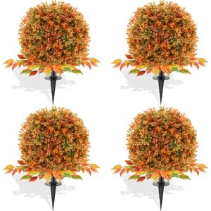 4 Pack Artificial Flower Topiary Ball with Ground Spikes, UV Resistant Orange Boxwood Outdoor Faux Shrubs Plants for Fall Autumn Thanksgiving Halloween Decor, Garden Porch Yard Patio