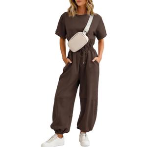 Flygo One Piece Jumpsuits for Women Crewneck Short Sleeve Casual Wide Leg Long Pants Drawstring Rompers Outfits with Pockets, Small