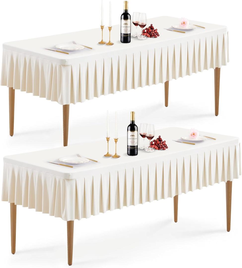 Wish Care 2 Pack Ivory Spandex Table Clothes for 6 Foot Rectangle Tables Wrinkle Free Stretch Fitted Tablecloths 6ft Pleated Ruffle Elastic Table Cover Skirt for Wedding Birthday Banquet Home Party