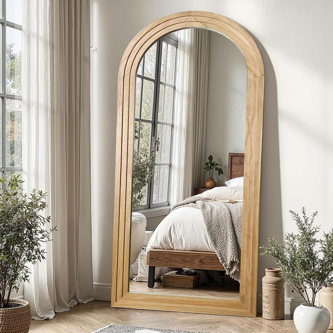 Delma Arched Full Length Floor Mirror with Stand, 55x24 Rustic Farmhouse Solid Wood Frame Wall Mirror for Bedroom, Living Room, Vertical Hanging & Standing(Natural)