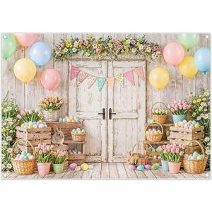 ZTHMOE Fabric 7x5ft Spring Easter Photography Backdrop White Rusitc Wood Door Rabbit Colorful Eggs Flowers Balloons Background Kids Family Party Decorations Photo Props