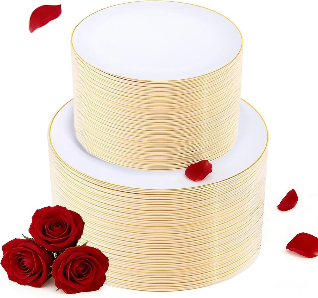 KIRE 200PCS Gold Plastic Plates - Disposable Plates for Party - White Plastic Plates with Gold Rim Include 100 for Dinner and 100 for Dessert/Salad in Wedding/Valentine's Day/New Year
